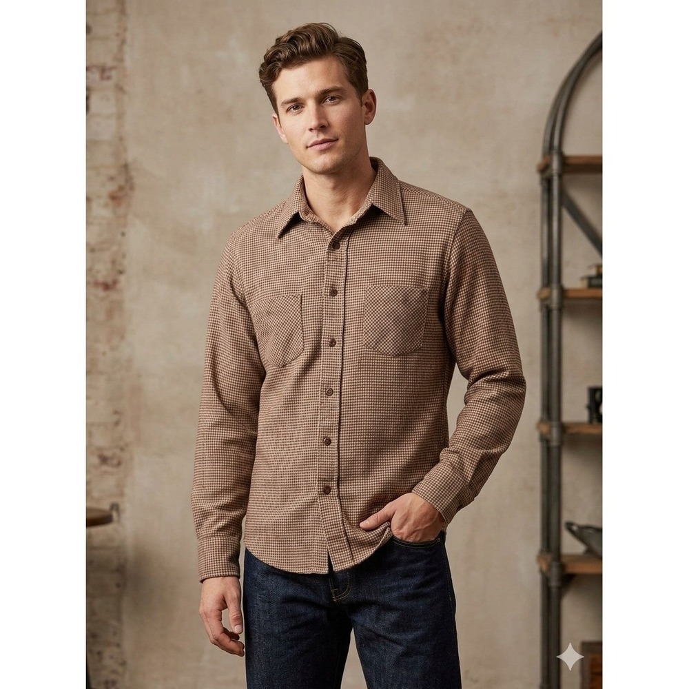 70s VTG John Blair Mens Medium Button Up Shirt Brown Houndstooth Cotton Flannel